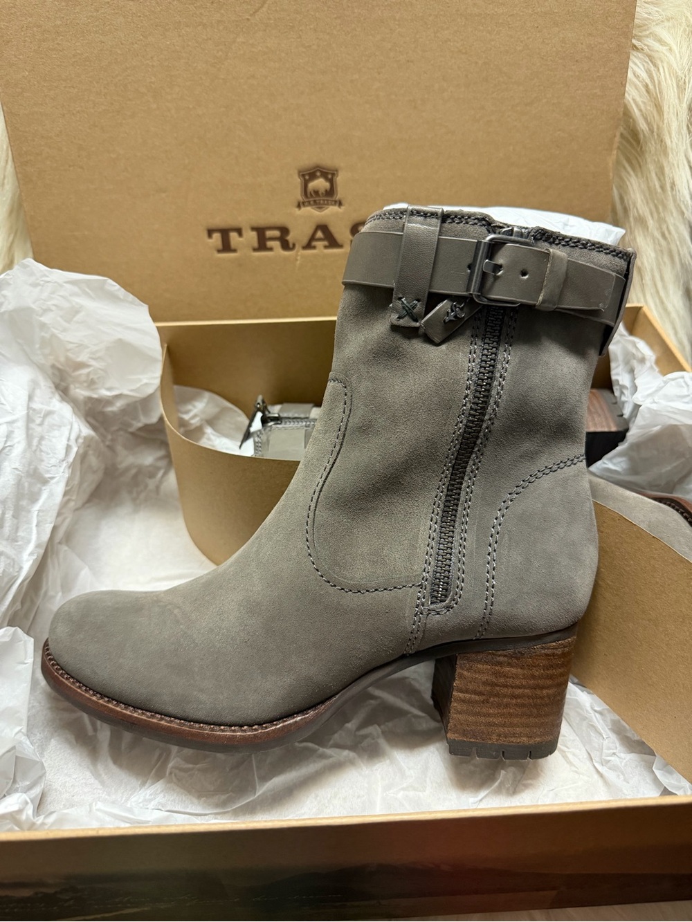 NWT TRASK  Gray Suede Harness Ankle Boot - Women's size 8.5.